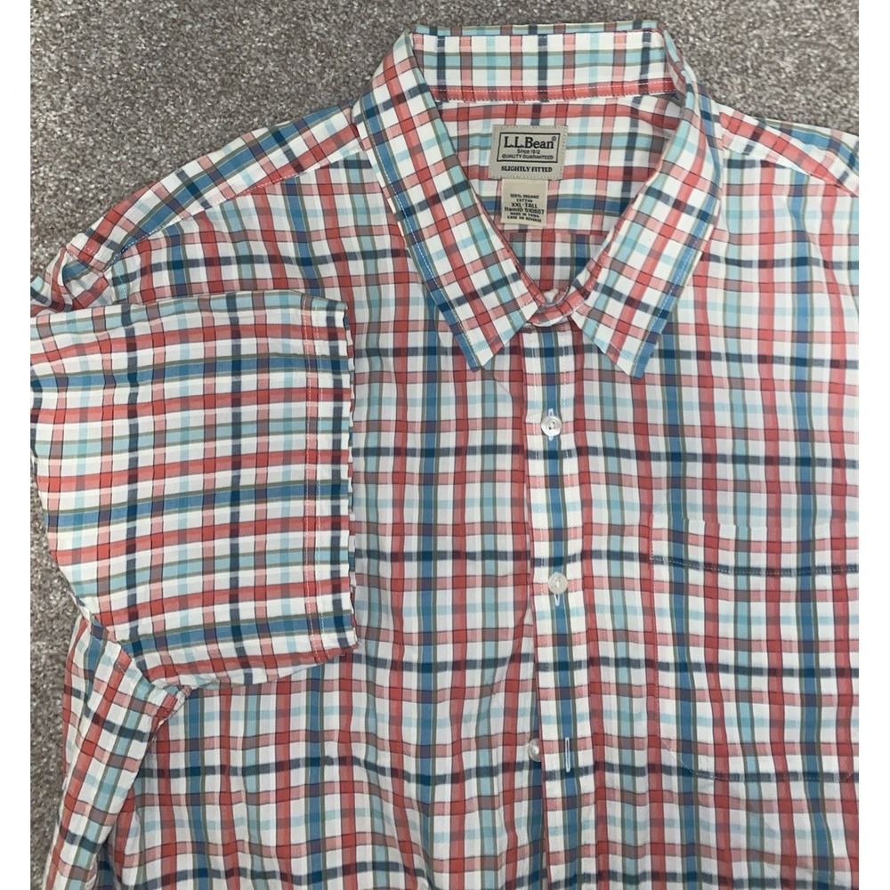 LL Bean Mens Flannel Shirt XXLT White‎ Red Green Plaid Button Up Cotton Casual